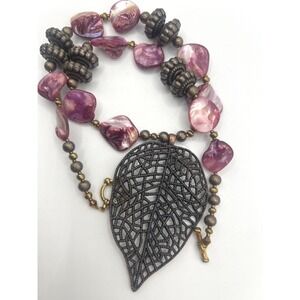 Artisan Purple Baroque Pearl 20" Necklace 3" Filigree Leaf Statement Chunky Boho